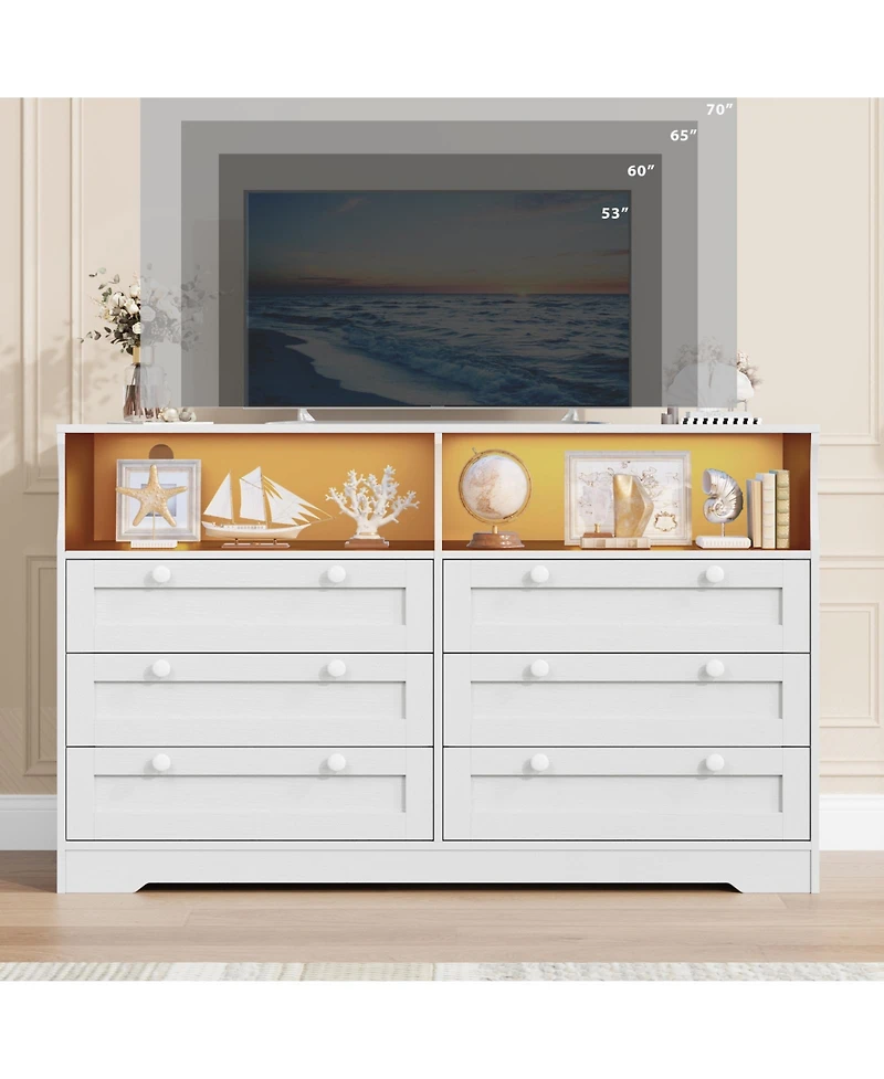 homfan Modern 6 Drawer Dresser with Led Lights and Power Outlet, Wooden Entryway Storage Cabinet and Tv Stand, Spacious Organizer for Bedroom