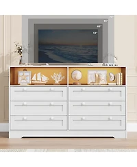 homfan Modern 6 Drawer Dresser with Led Lights and Power Outlet, Wooden Entryway Storage Cabinet and Tv Stand, Spacious Organizer for Bedroom