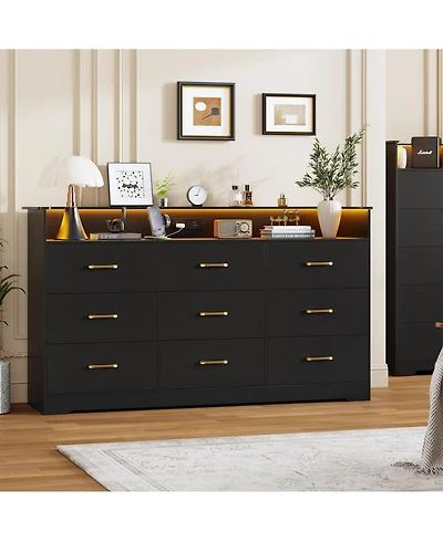 homfan 9 Drawer Dresser for Bedroom, 65" Wide Chest with Led Light and Charging Station, Modern Large Tv Organizer Open Shelf Living Room