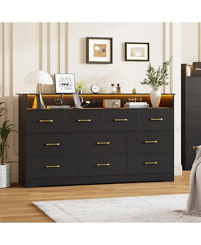 homfan 10 Drawer Dresser Bedroom, 65'' Wide Chest with Led Light and Charging Station, Modern Large Tv Organizer Open Shelf for Living Room