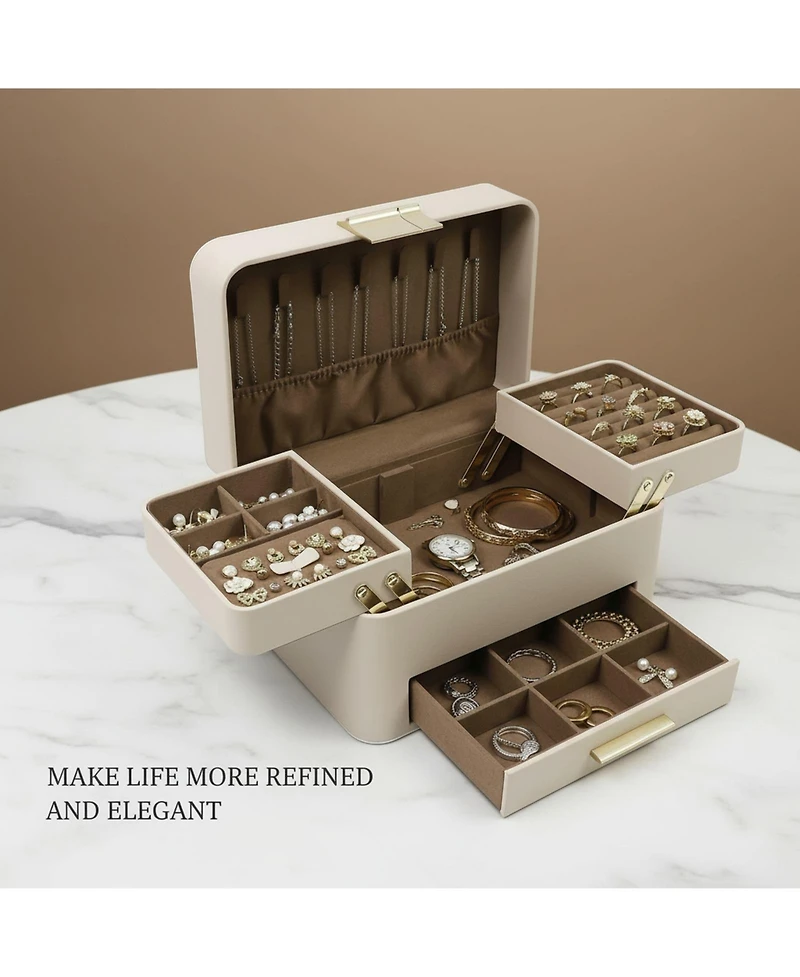 Yigii 3 Layers Jewelry Organizer Box with Drawers Pu Leather Storage for Earrings Rings Necklaces Bracelets