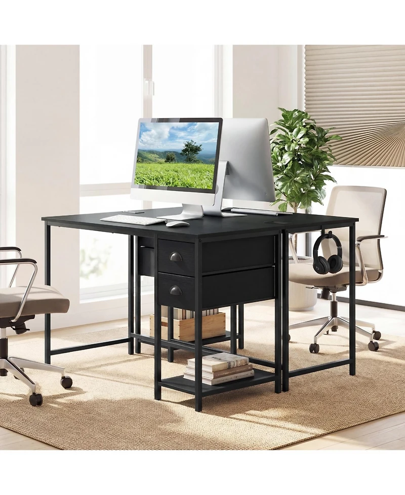 Slickblue Computer Desk with Charging Station and 2 Fabric Drawers