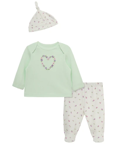 Little Me Baby Girls' Floral Heart Lap-Shoulder Top, Pants and Hat, 3-Piece Set