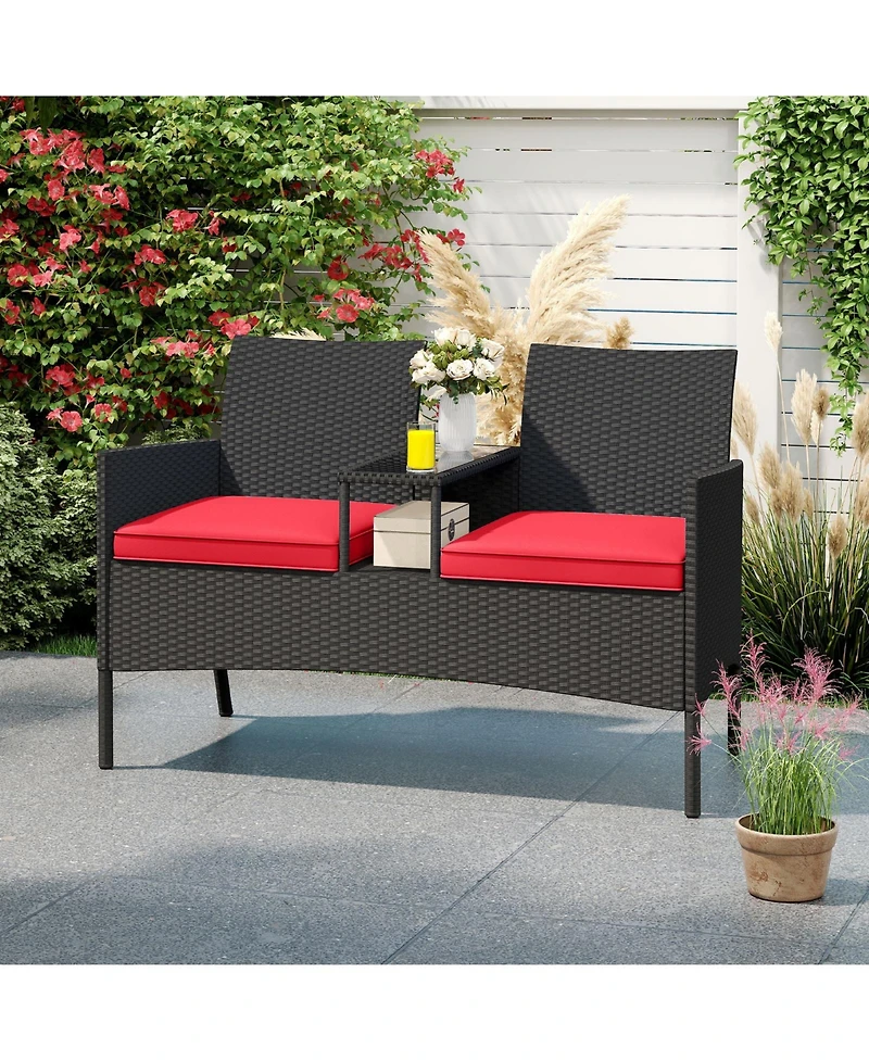 Slickblue Patio Loveseat with Built In Table Outdoor Bench for Backyard Porch