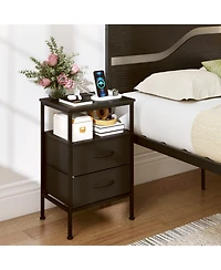Slickblue Modern Nightstand with Charging Ports and 2 Fabric Drawers