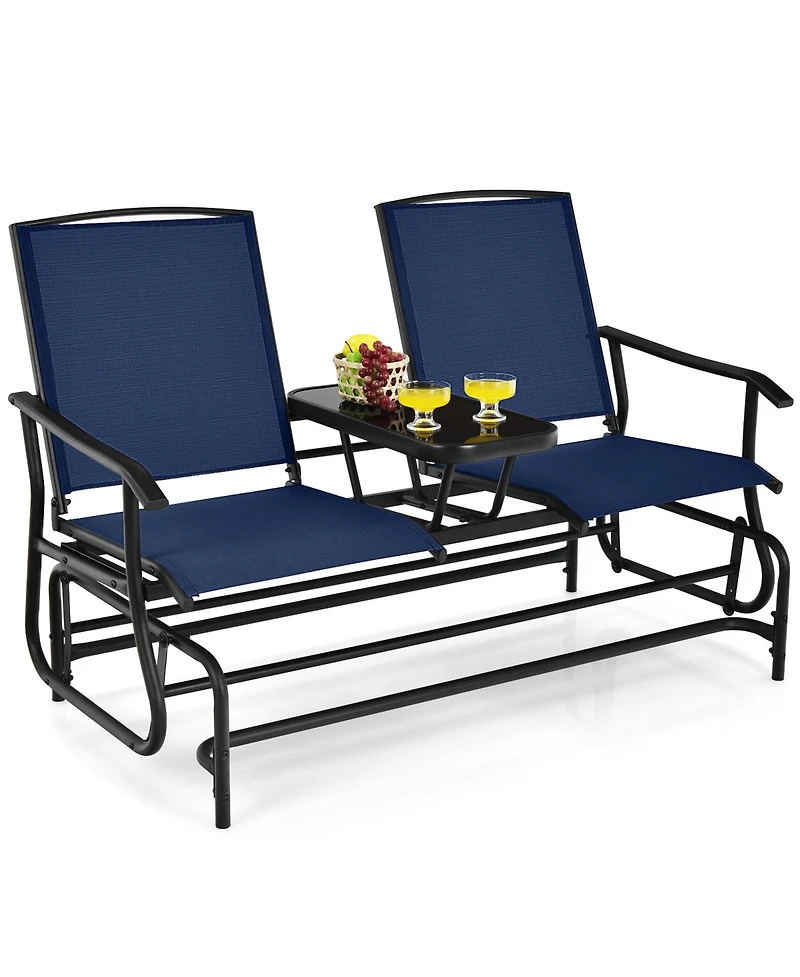 Slickblue Double Rocking Patio Loveseat with Tempered Glass Table and Mesh Fabric