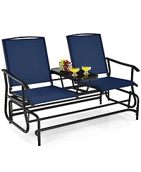 Slickblue Double Rocking Patio Loveseat with Tempered Glass Table and Mesh Fabric
