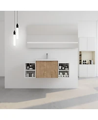 Sillysis 47.6 Inch Wall Mounted Bathroom Vanity with Resin Sink, Plywood Cabinet, Open Storage Shelves for Modern Bathrooms
