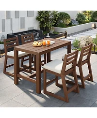 Asagikoiai 5-Piece Outdoor Bar Height Dining Set with Acacia Wood Table and 4 Cushioned Chairs
