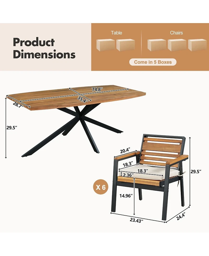 Asagikoiai 7-Piece Modern Acacia Wood Dining Set with Iron Frame and Cushions