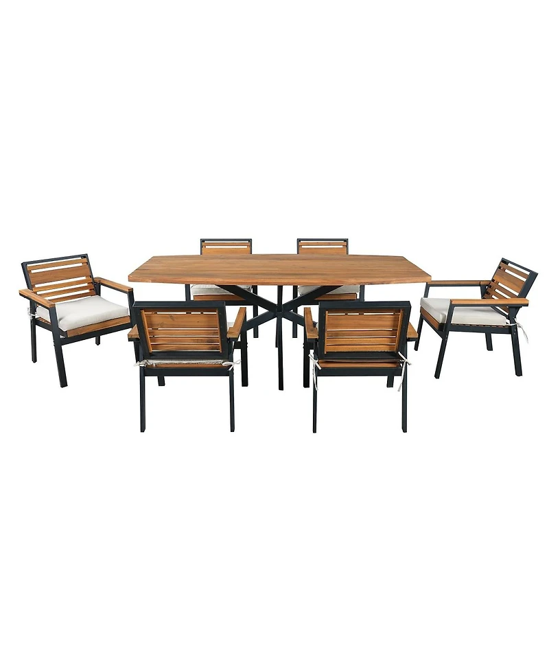 Asagikoiai 7-Piece Modern Acacia Wood Dining Set with Iron Frame and Cushions