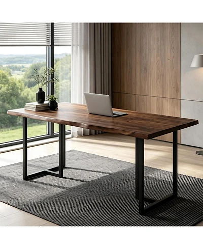 Tribesigns 63" Home Office Desk:Solid wood writing desk with edge.Heavy duty industrial desk with U-shaped metal frame.Large computer workstation