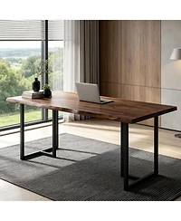 Tribesigns 63" Home Office Desk:Solid wood writing desk with edge.Heavy duty industrial desk with U-shaped metal frame.Large computer workstation
