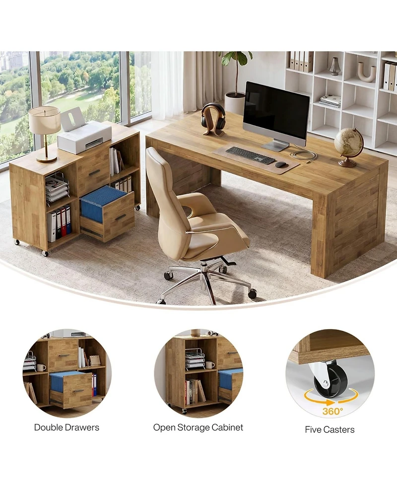 Tribesigns 63" Desk and 47" Rolling File Cabinet: L-shaped computer desk with drawers and shelves. Rustic home office furniture