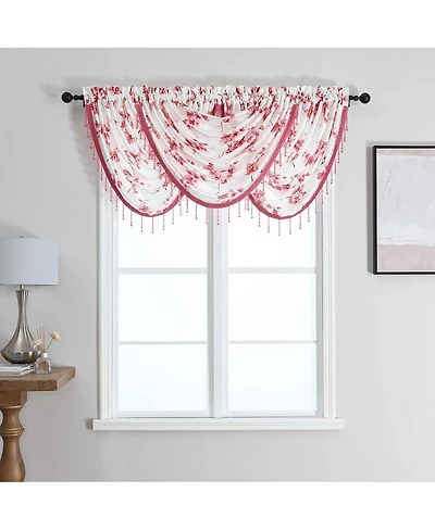 Kate Aurora 3 Piece Printed Cherry Blossom Beaded Rod Pocket Window Valances