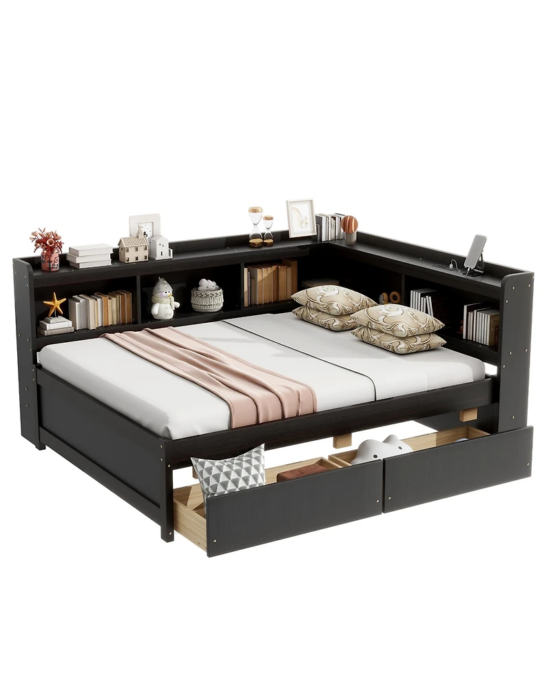 Sailvan L-shaped Bookcases Bed with Power Outlets, Usb Charging Ports,Two Drawers