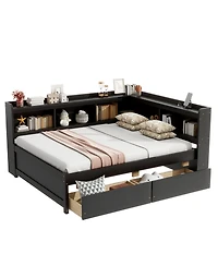 Sailvan L-shaped Bookcases Bed with Power Outlets, Usb Charging Ports,Two Drawers