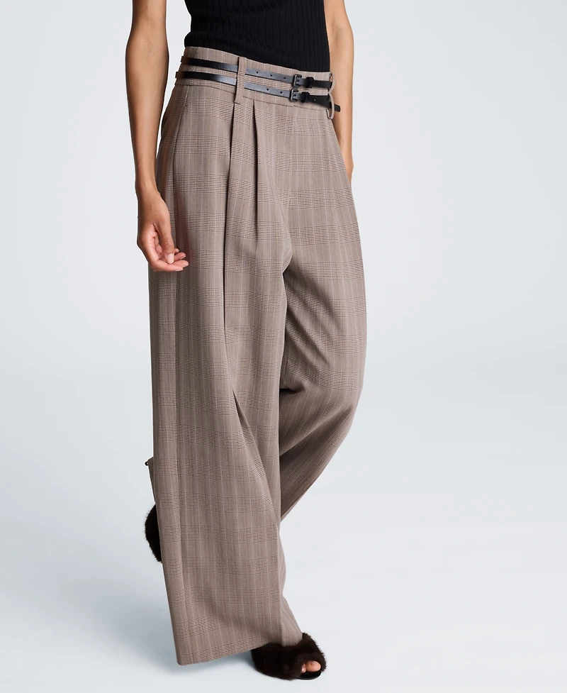 Kenneth Cole Women's High-Rise Double-Belt Pleated Wide-Leg Pants