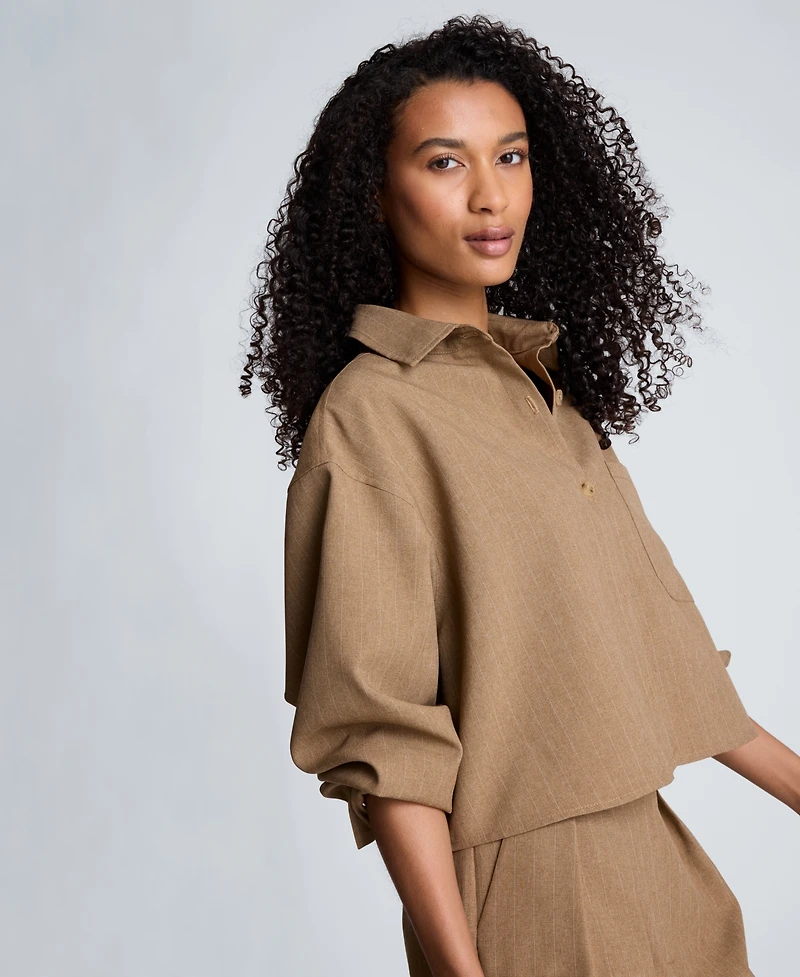 Kenneth Cole Women's Oversized Collared Long-Sleeve Crop Shirt