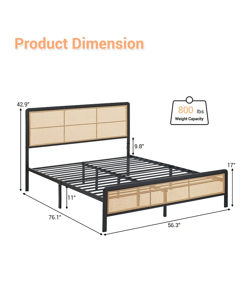 homfan Rattan Platform Bed Frame with Led Headboard, Modern Boho Cane Style, Heavy Duty Metal Frame, Steel Slats, No Box Spring Needed