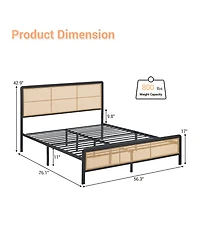 homfan Rattan Platform Bed Frame with Led Headboard, Modern Boho Cane Style, Heavy Duty Metal Frame, Steel Slats, No Box Spring Needed