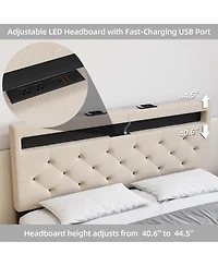 homfan Trendy Padded Platform Bed with Adjustable Headboard, Led Lighting and Charging Outlet, Sturdy Wood Slats, No Box Spring Needed, Easy Assembly