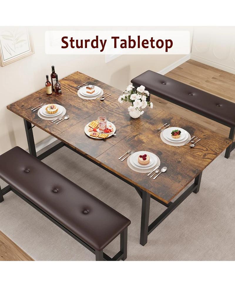 homfan Extendable Dining Set with Padded Benches, Industrial Style Engineered Wood Steel Frame Multi use Home Furniture