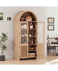 homfan 71-Inch Arched Bookcase with Glass Doors and Rattan Accent, 6-Tier Display Cabinet, Adjustable Shelves
