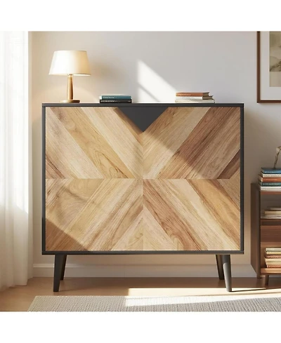 homfan Sideboard Buffet Cabinet with Herringbone Pattern, Walnut Wood Grain, Freestanding Storage for Dining Room