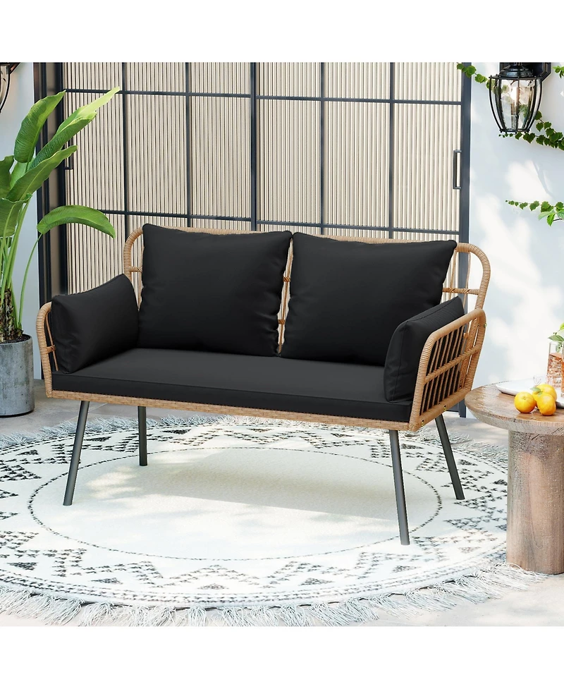 Gymax Patio Wicker Loveseat Furniture w/Seat Back Cushions Heavy-Duty Metal Legs Outdoor