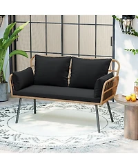 Gymax Patio Wicker Loveseat Furniture w/Seat Back Cushions Heavy-Duty Metal Legs Outdoor
