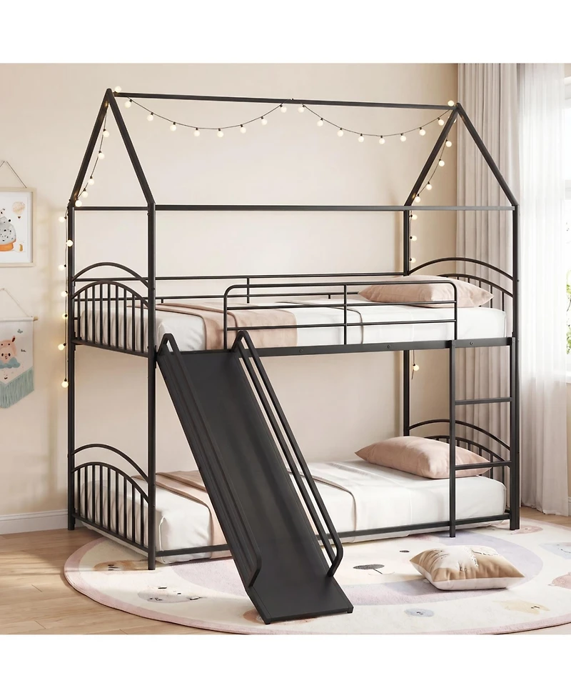 Slickblue House Bunk Bed Twin Over with Metal Slats and Sturdy Frame Design