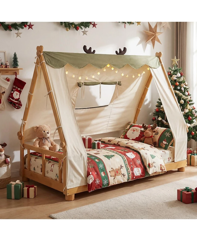 Slickblue Wood Twin Floor Bed House Frame with Kids Tent Canopy Style