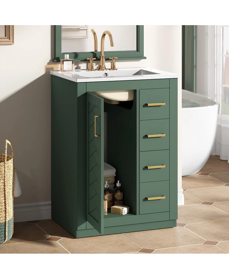 Sillysis 24 Inch Modern Bathroom Vanity with Sink, Solid Wood Mdf Cabinet with 3 Soft Close Drawers, Space-Saving Storage