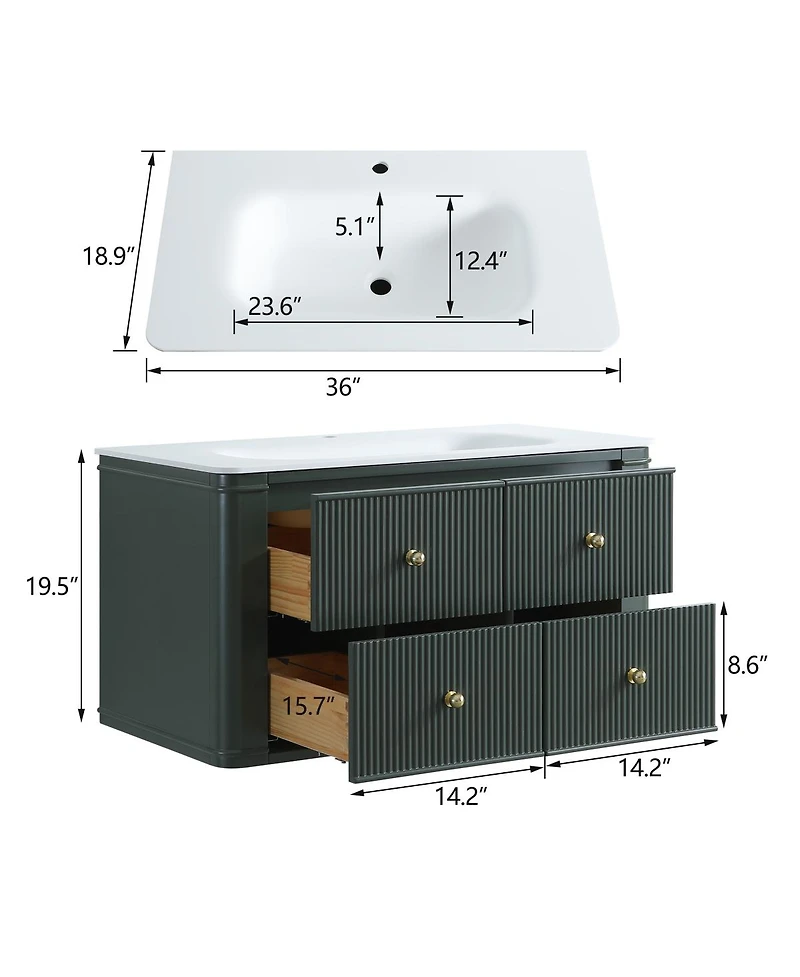 Sillysis 30" Wall-Mounted Bathroom Vanity with Acrylic Sink, Soft Close Drawers, Striped Cabinet, Two Handle Options