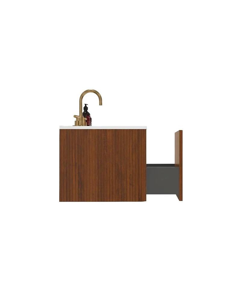 Sillysis 30" Modern Wall Mounted Bathroom Vanity with Carrara Integrated Ceramic Sink, Push-Open Walnut Striped Storage Drawer
