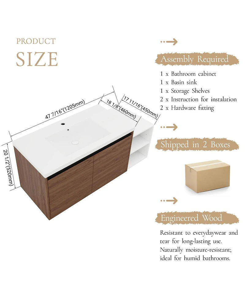 Sillysis Inch Wall Mounted Bathroom Vanity with Resin Sink and Open Storage Shelves for Modern Small Bathrooms