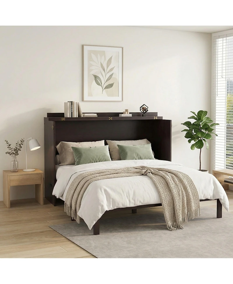 Sailvan Queen Size Murphy Bed, Pine Wood Cabinet Bed with Power Station and Rattan Decoration Panel