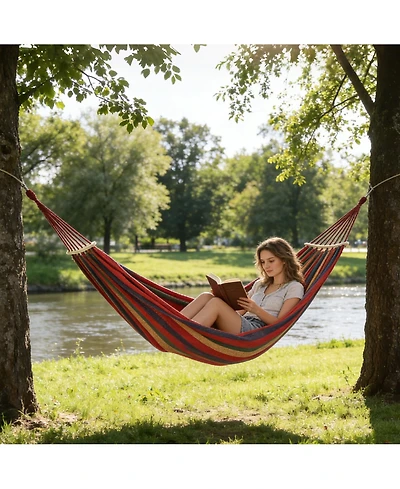 homfan Heavy-Duty Canvas Hammock with Anti-Roll Spreader Bars, 550 lb Capacity Portable Outdoor Swing with Tree Straps and Carry Bag for Patio