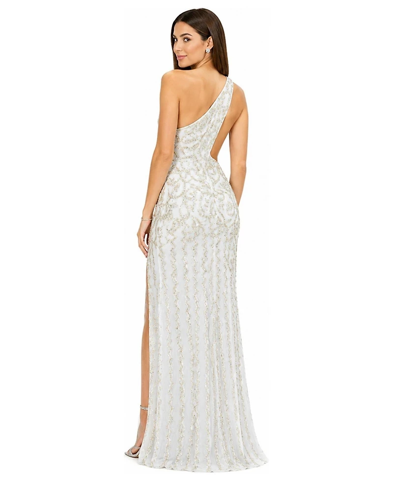 Lara Women's One-Shoulder Beaded Gown with Slit