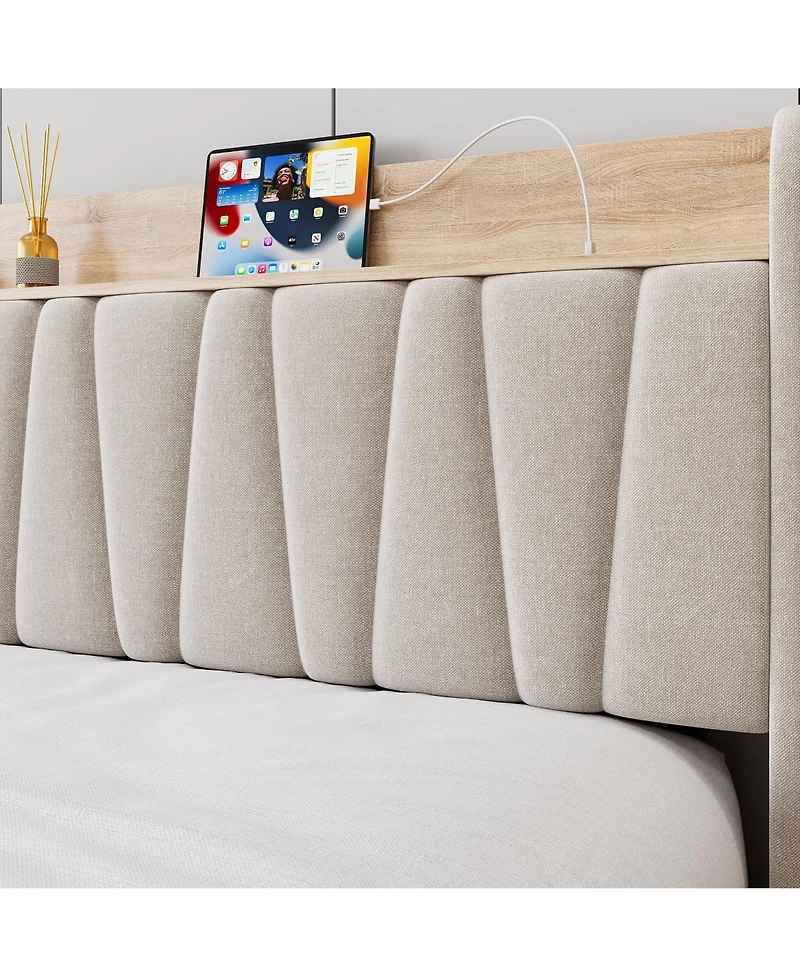 homfan Queen Upholstered Bed Frame with Storage Headboard, Charging Station and Drawer, Platform Bed with Wood Slats