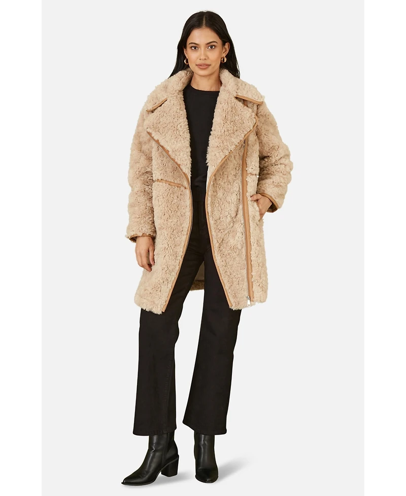 Yumi Women's Textured Borg Long Line Biker Coat