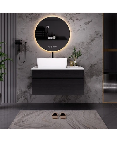 Thirtypeachy Floating Solid Wood Bathroom Vanity, Ceramic Vessel Sink 1-Hole, Soft-Close Drawer 2-Door Storage