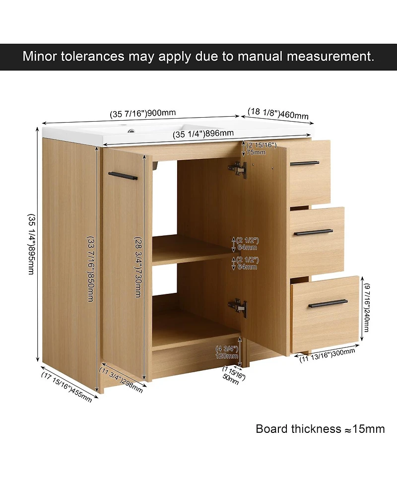 Sillysis 36 Inch Freestanding Bathroom Vanity with 3 Drawer Cabinet, Integrated Resin Sink
