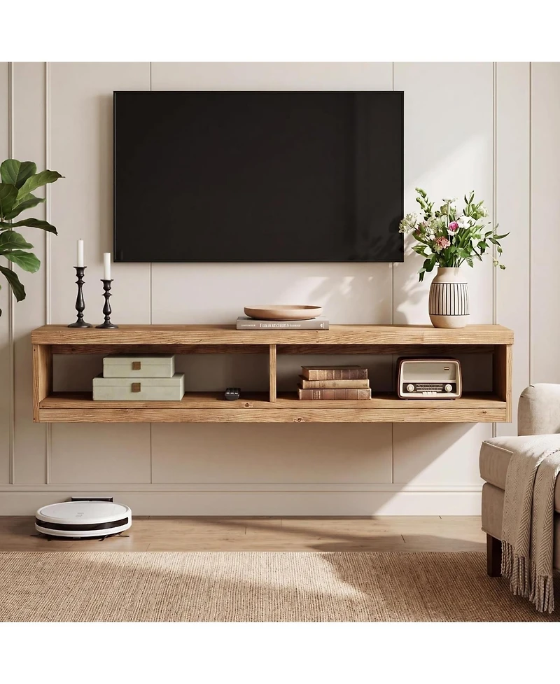 Tribesigns Solid Wood Floating Tv Stand:55" farmhouse wall mounted console. Media entertainment center for living room, bedroom, small space.