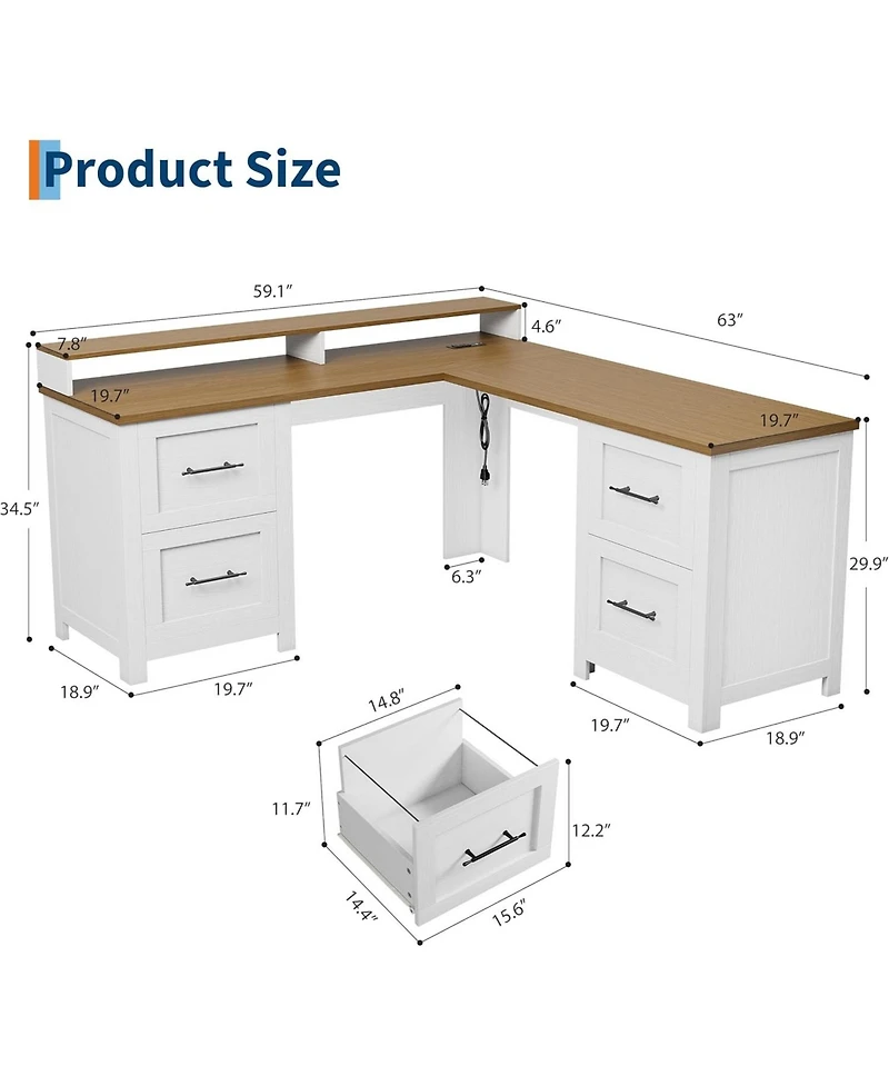 gaomon 63" L-Shaped Executive Desk with 4 File Drawers and Power Outlet – Corner Computer Desk with Monitor Stand, Home Office Desk