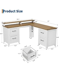 gaomon 63" L-Shaped Executive Desk with 4 File Drawers and Power Outlet – Corner Computer Desk with Monitor Stand, Home Office Desk