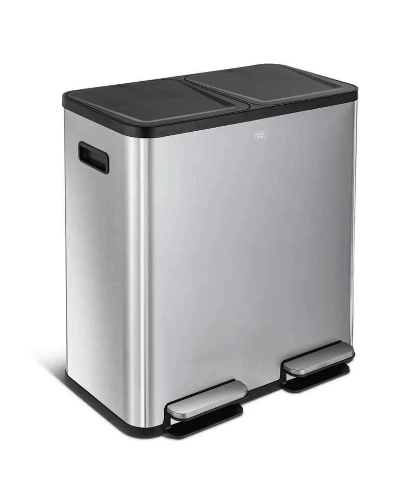 Home Zone Living 21 Gallon Dual Compartment Kitchen Trash Can with Dual Step Pedals, Soft-Close Lids and Odor Control, Stainless Steel.