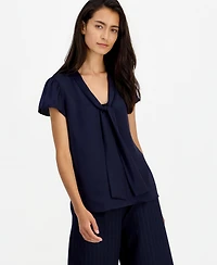 Bar Iii Women's Satin Tie-Neck Flutter-Sleeve Short-Sleeve Blouse, Macy's Exclusive