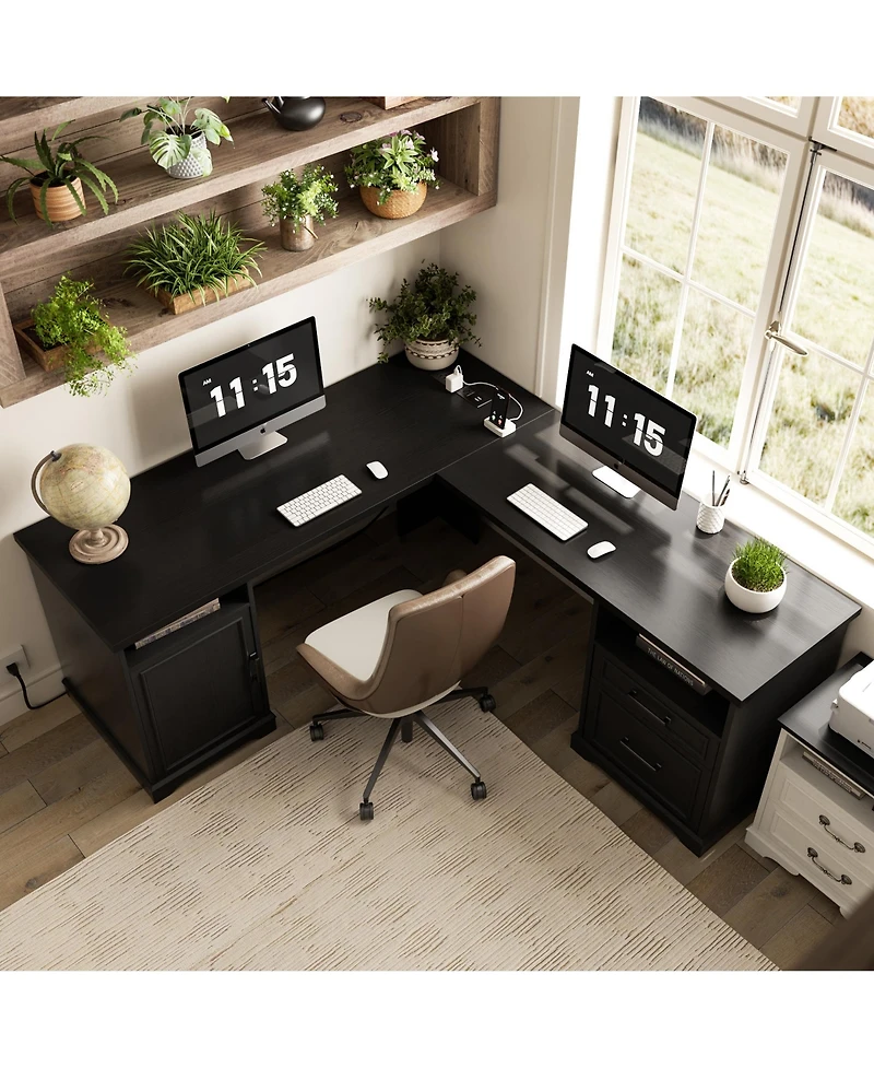Aheaplus Corner L-Shape Desk with Charging Station and File Cabinet